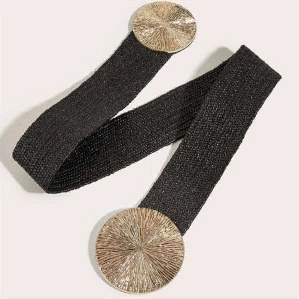 Black & Gold elastic waist belt with round disk buckle - Picture 3 of 5